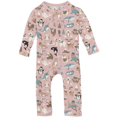 Print Coverall with 2 Way Zipper in Baby Rose Arctic Animals