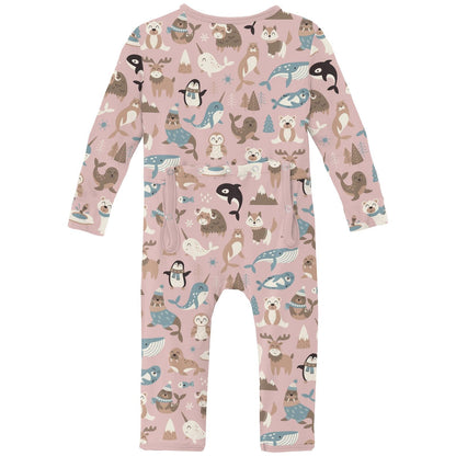 Print Coverall with 2 Way Zipper in Baby Rose Arctic Animals