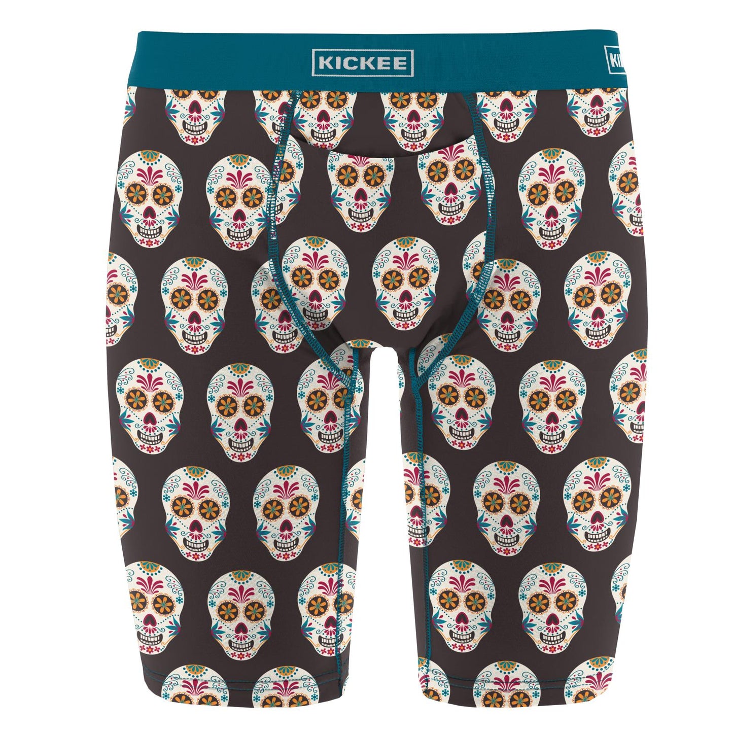Men's Print Long Boxer Brief with Top Fly in Midnight Dia de los Muertos