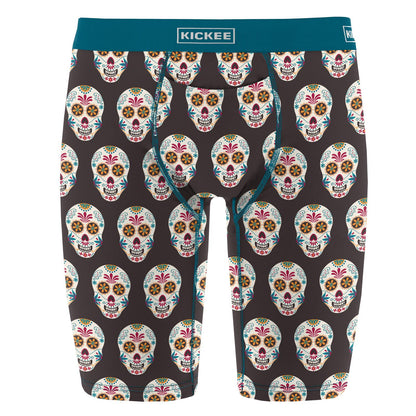 Men's Print Long Boxer Brief with Top Fly in Midnight Dia de los Muertos
