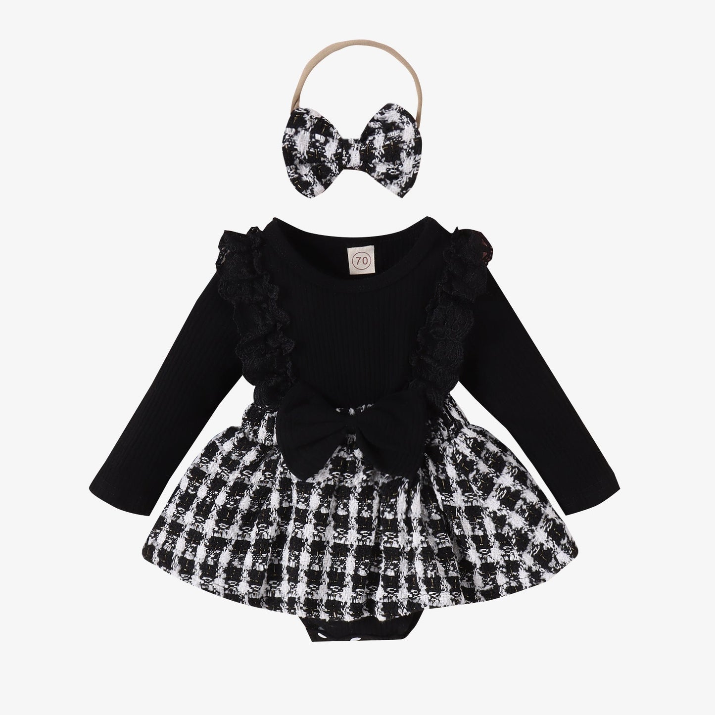 Long Sleeve Stitching Woven Style Plaid Skirt Bow Romper