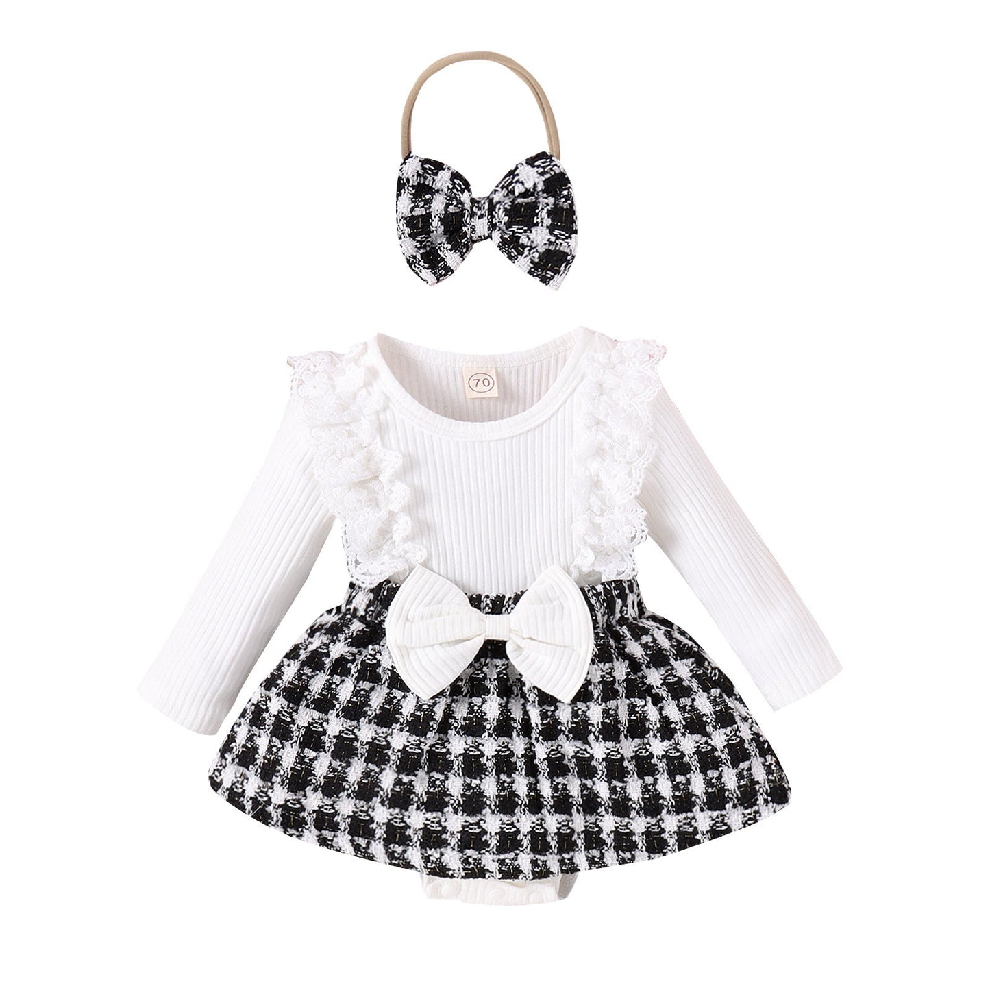 Long Sleeve Stitching Woven Style Plaid Skirt Bow Romper