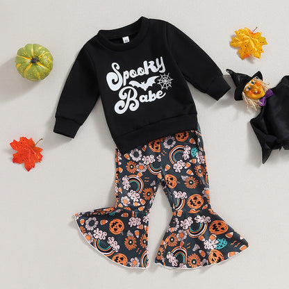 Letter Long Sleeve Sweater Bell-bottom Pants Suit