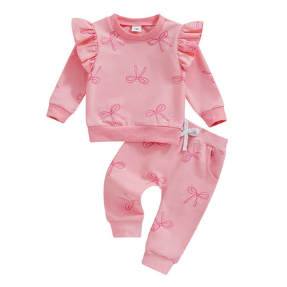 Bowknot Printed Tops Casual Trousers Suit