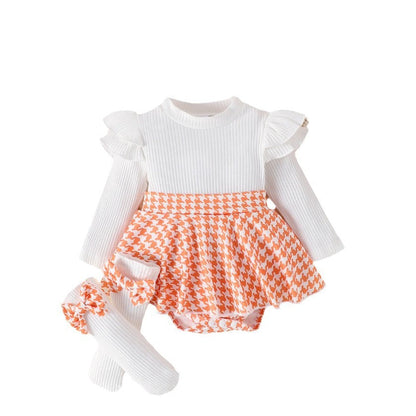 Sunken Stripe Long Sleeve Stitching Houndstooth Skirt One-piece Romper