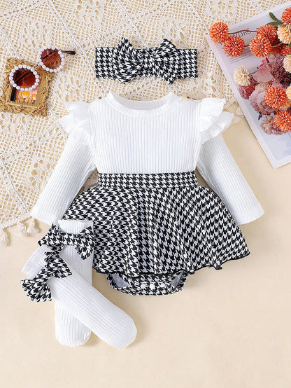 Sunken Stripe Long Sleeve Stitching Houndstooth Skirt One-piece Romper