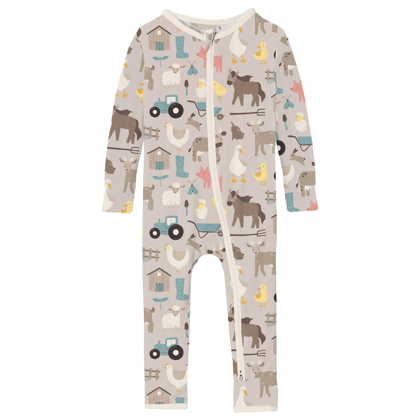 Print Coverall with 2 Way Zipper in Latte Morning on the Farm
