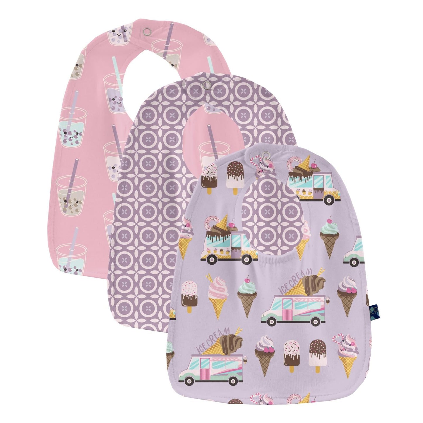 Print Bib Set of 3 in Cake Pop Boba; Lavender Flower Lattice & Thistle Ice Cream Truck