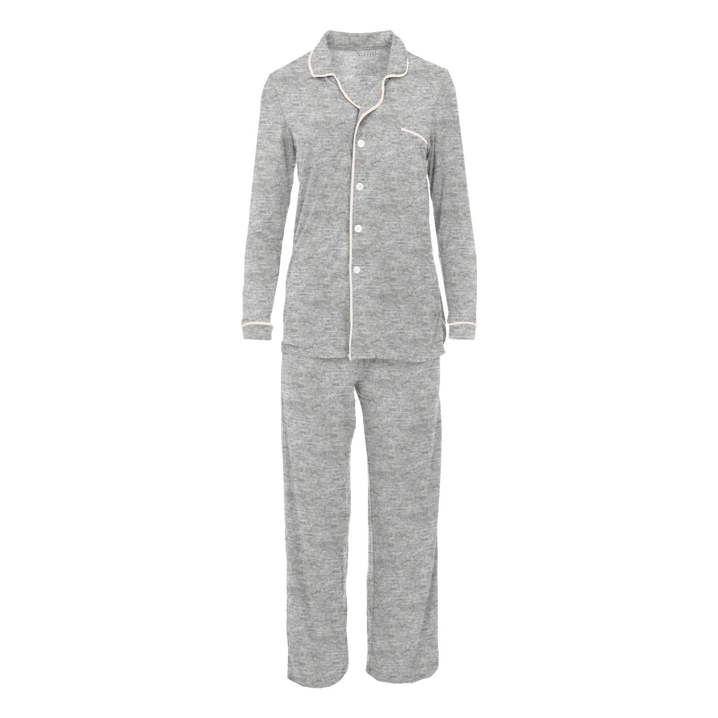 Women's Long Sleeved Collared Pajama Set in Heathered Mist with Natural
