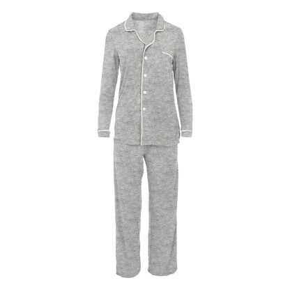 Women's Long Sleeved Collared Pajama Set in Heathered Mist with Natural