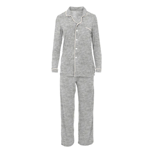 Women's Long Sleeved Collared Pajama Set in Heathered Mist with Natural