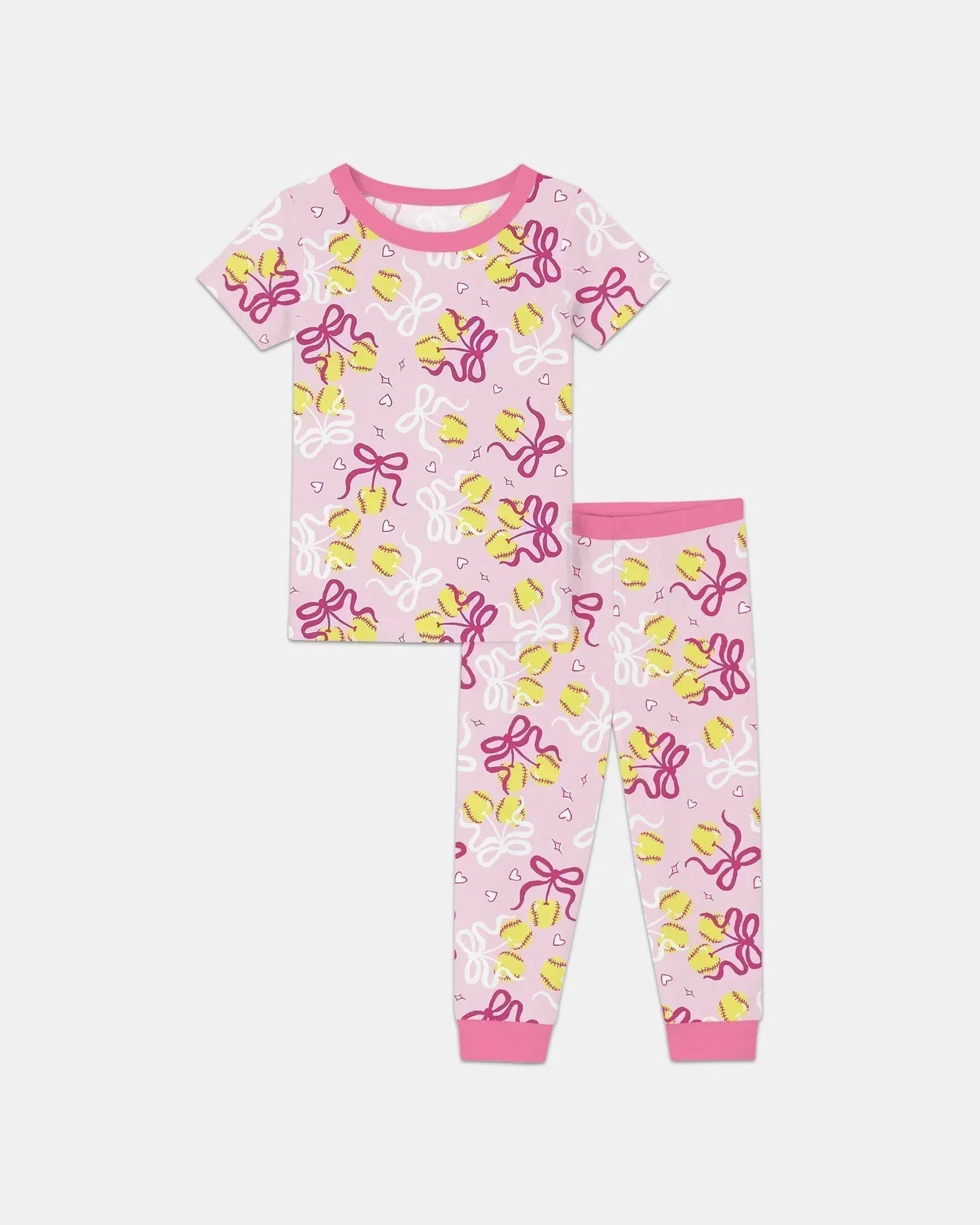 Softball Cherry Mom And Girl Matching Bamboo Two Piece Short Sleeve Pajama Set