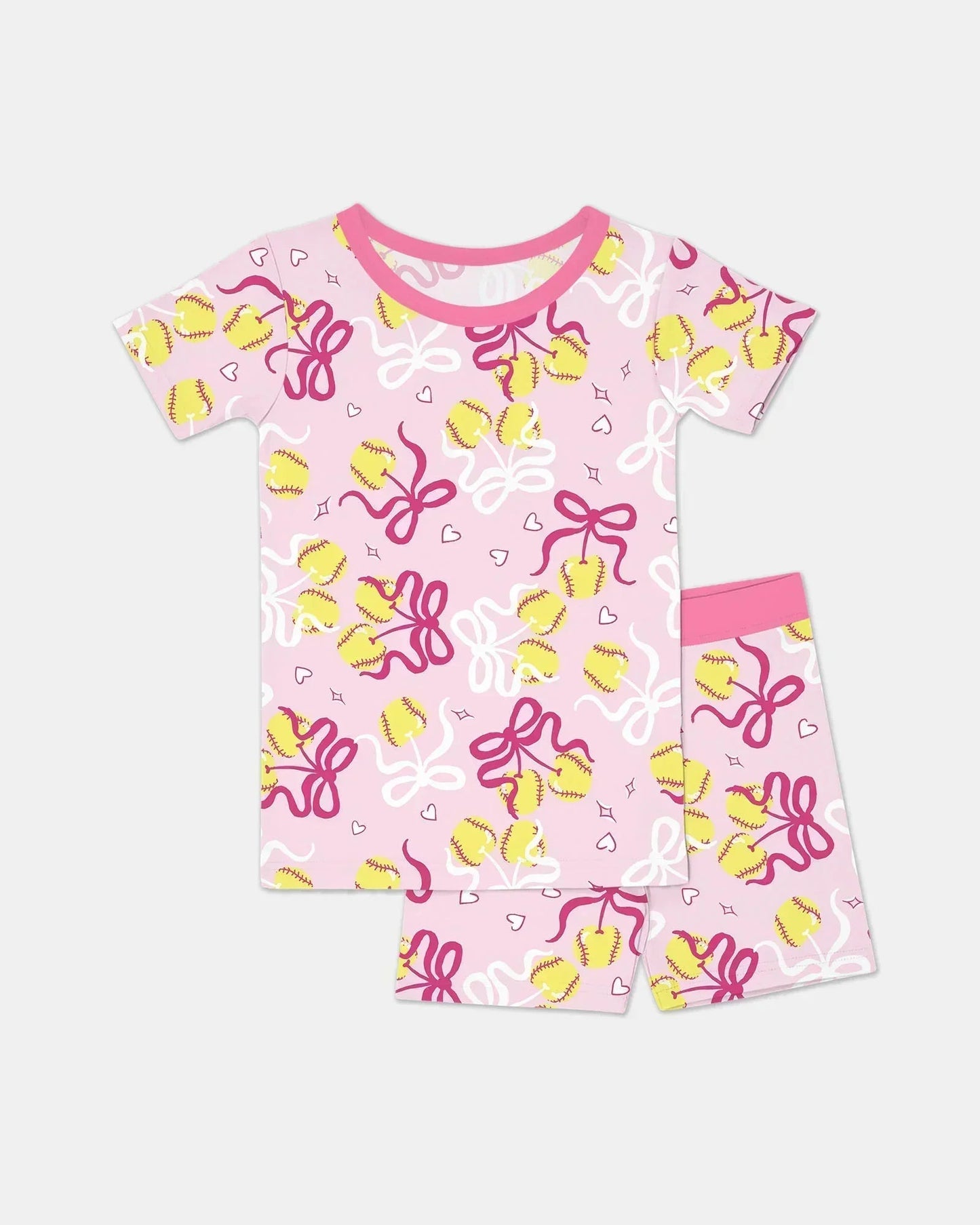 Softball Cherry Mom And Girl Matching Bamboo Two Piece Short Sleeve Shorts Pajama Set