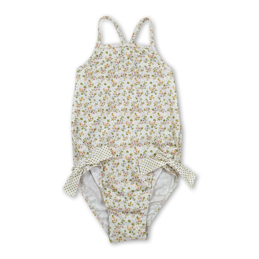 Straps floral bow baby girls one piece summer swimsuit