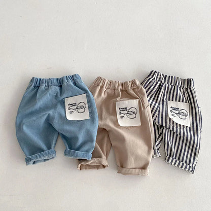 Kids Tapped Casual Striped Pants 0-5T Girls Boys Fashion Stripe Trousers Children Solid Denim Jeans Britches