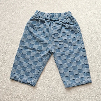 2026 Spring New 1-5Y Children Jeans Boys Denim Pants Mid Waist Girls Trousers Fashion Kids Plaid Pants