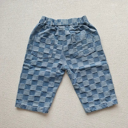 2026 Spring New 1-5Y Children Jeans Boys Denim Pants Mid Waist Girls Trousers Fashion Kids Plaid Pants