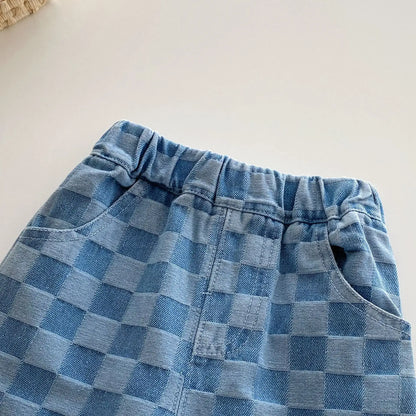 2026 Spring New 1-5Y Children Jeans Boys Denim Pants Mid Waist Girls Trousers Fashion Kids Plaid Pants