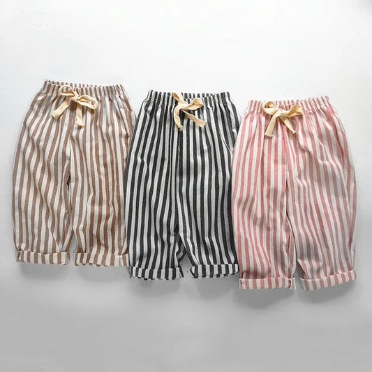 Spring Summer Boys Striped Loose Pants Baby Girl Vintage Casual Linen Cotton Harlan Pants Kids Lace-up Pant Children Clothing