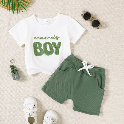 2Pcs Baby Boy Set Mom's Boy Letter Pattern Short Sleeve+Shorts Set Suitable for 0-3 Year Old Boys Summer Sports and Leisure Set