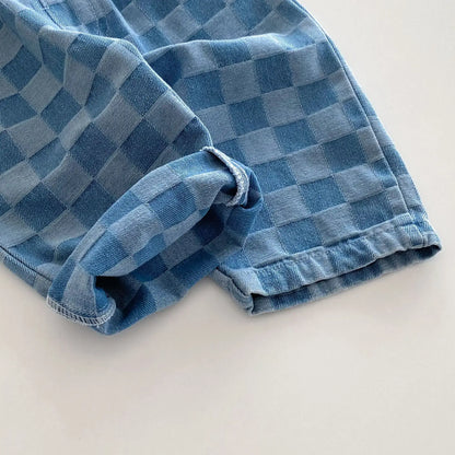 2026 Spring New 1-5Y Children Jeans Boys Denim Pants Mid Waist Girls Trousers Fashion Kids Plaid Pants