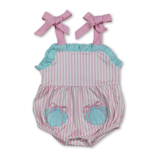 Straps shell bow embroidery stripe baby girl romper