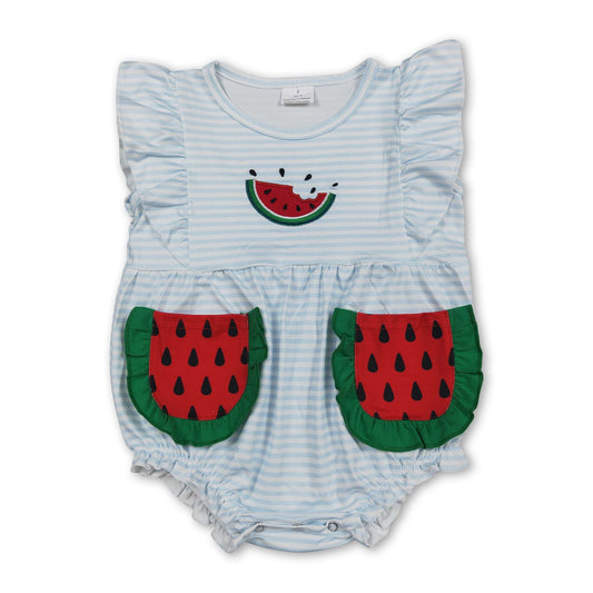 Flutter sleeves watermelon embroidery girls summer romper