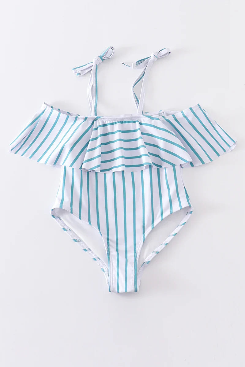 Blue stripe strap girl swimsuit one piece