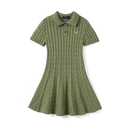 Cable Knit Polo Dress in Sage Green