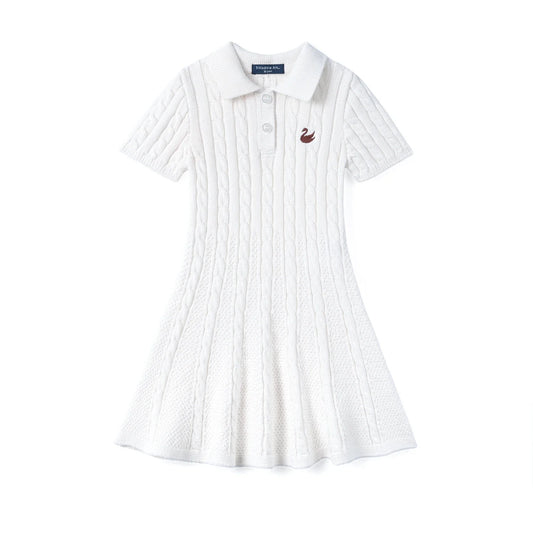 Cable Knit Polo Dress in White