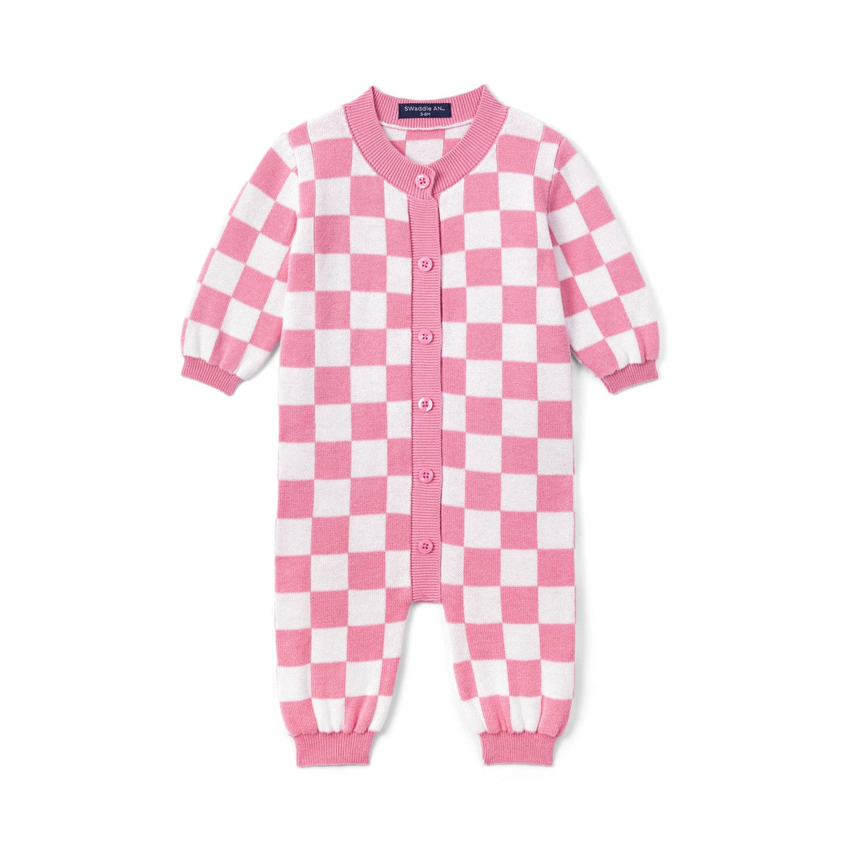 Pink Checker Baby Knit Button Romper
