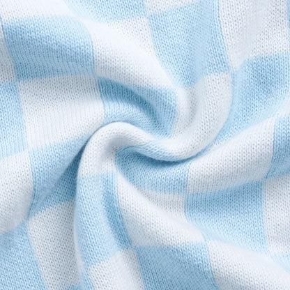 Blue Checker Knit Long Sleeve Crewneck Sweater