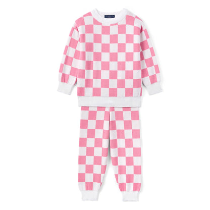 Pink Checker Knit Long Sleeve Crewneck Sweater