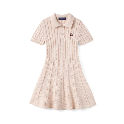 Cable Knit Polo Dress in Beige