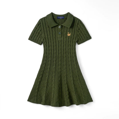 Cable Knit Polo Dress in Forest Green