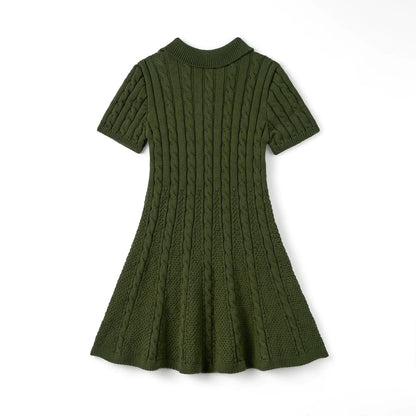 Cable Knit Polo Dress in Forest Green