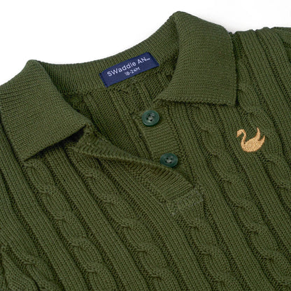 Cable Knit Polo Dress in Forest Green