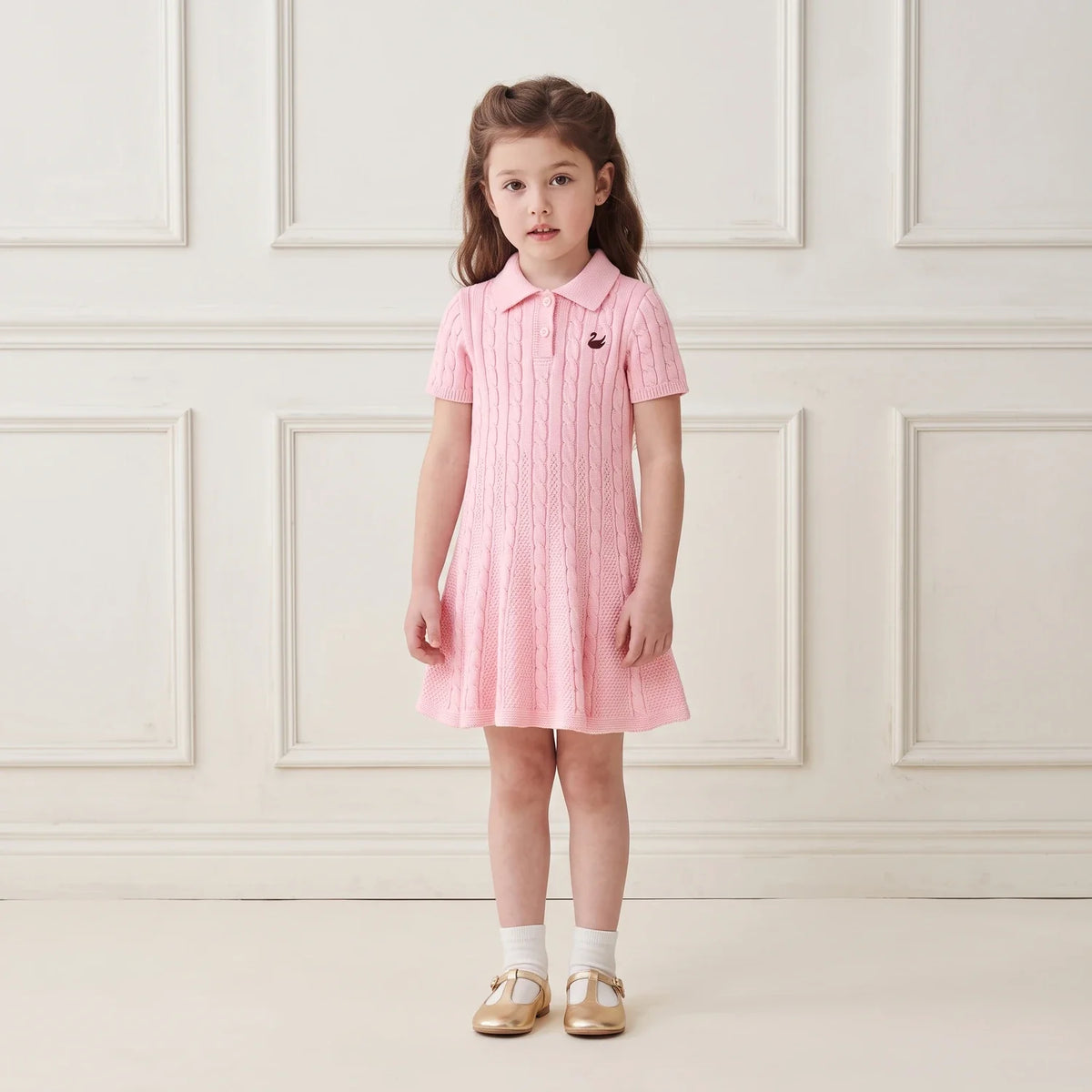 Cable Knit Polo Dress in Pink