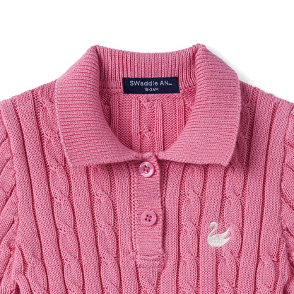 Cable Knit Polo Dress in Rose Pink