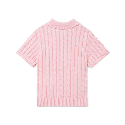 Cable Knit Polo Sweater in Pink