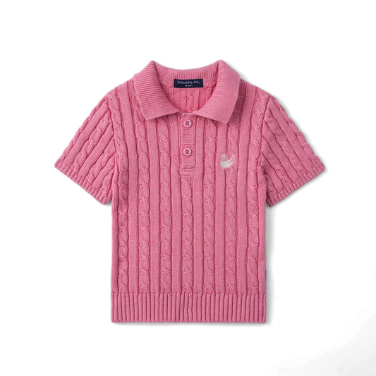 Cable Knit Polo Sweater in Rose Pink