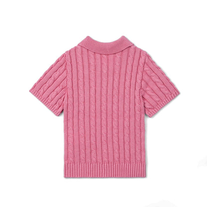 Cable Knit Polo Sweater in Rose Pink