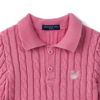 Cable Knit Polo Sweater in Rose Pink