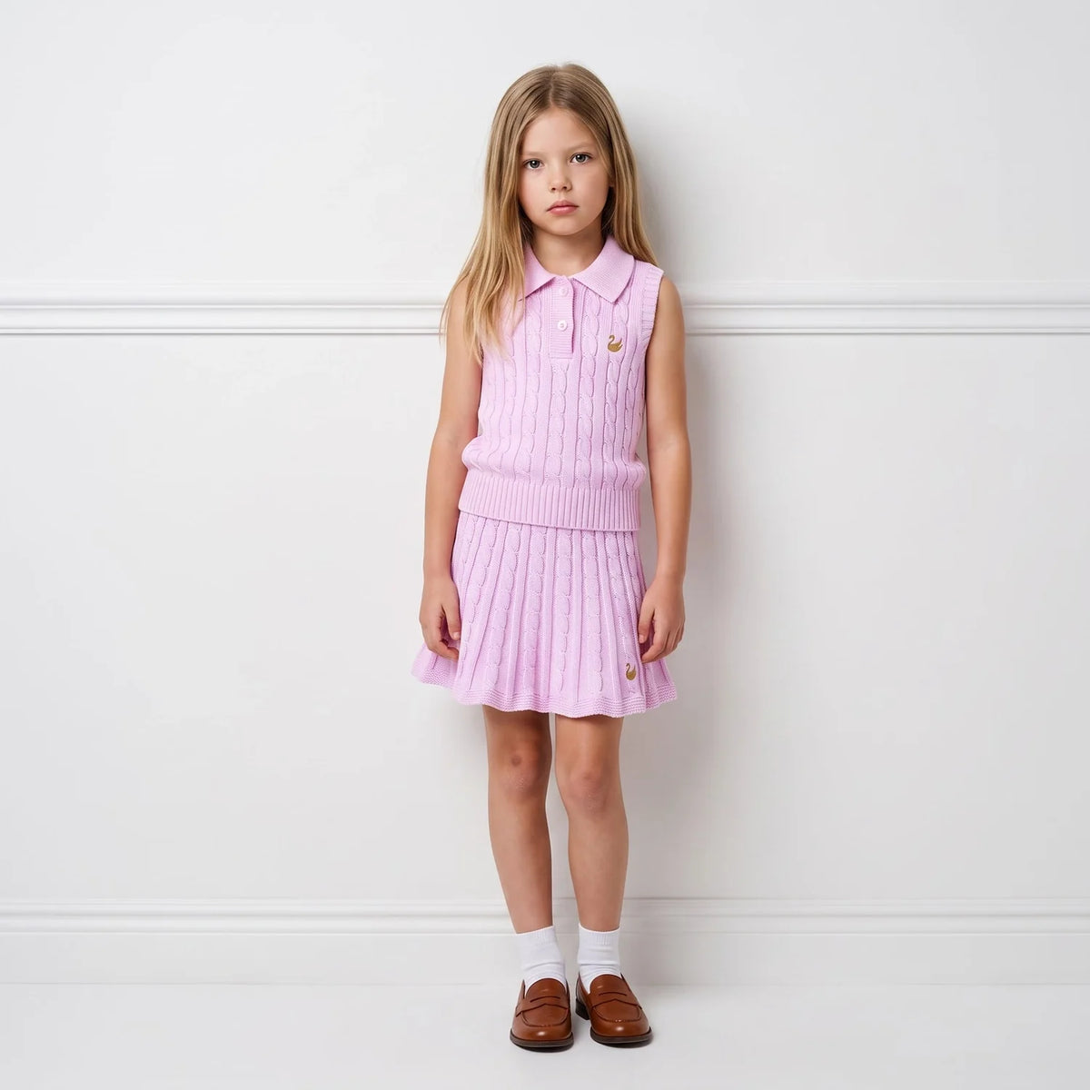 Cable Knit Sleeveless Polo Shirt in Lilac