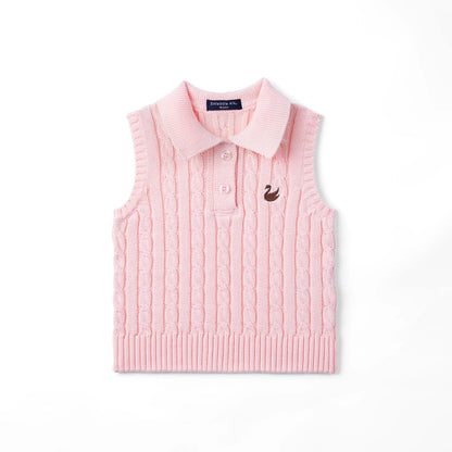 Cable Knit Sleeveless Polo Shirt in Pink