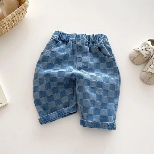2026 Spring New 1-5Y Children Jeans Boys Denim Pants Mid Waist Girls Trousers Fashion Kids Plaid Pants
