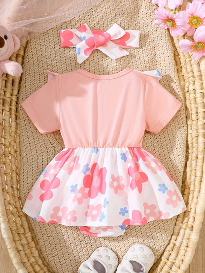 Two-Piece Set of Baby Girl Casual Dresses for Spring and Summer, Cute and Sweet Style Dresses with Cartoon Bear Patches, Floral Digital Print Patterns, Baby Girl Romper and Headband