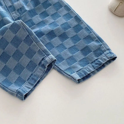 2026 Spring New 1-5Y Children Jeans Boys Denim Pants Mid Waist Girls Trousers Fashion Kids Plaid Pants