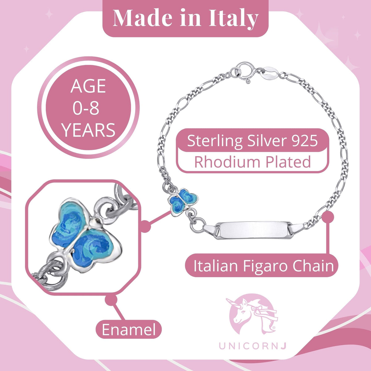 UNICORNJ Sterling Silver 925 Childrens Bracelet with Butterfly Enamel Charm Italy