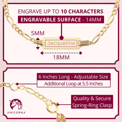 14k Solid Gold ID Bracelet with Figaro Chain for Children Personalized Engraved Name Plate Gift for Girls and Boys Made in Italy